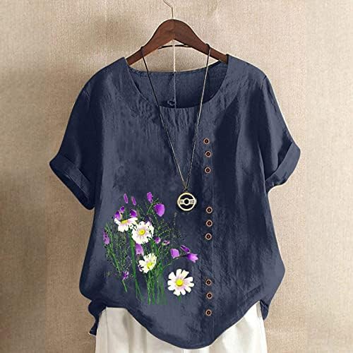 Camisa superior para feminino de manga curta de linho de linho de algodão Daisy Poppy Floral Graphic Casual Blouse de grandes