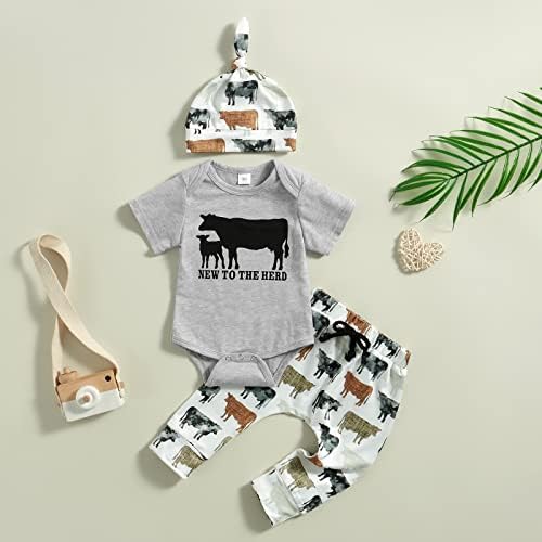 Recém -nascidos Roupas de menino novo para o rebanho Rodper Cow Print Pants Hat 3pcs Conjunto de Western