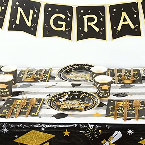 EAARLIYAM 194PCS Black and Gold Party Supplies - Graduação Party Tabelware 2023 Paper Cup Placa Placa