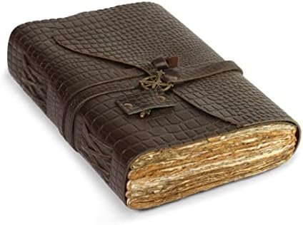 Diário de couro de jacaré de jacaré marrom - diário de couro artesanal com papel de borda de convés antiquado - perfeito