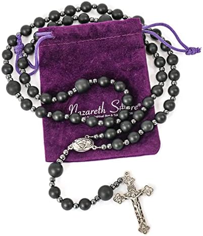 Nazareth Store Black Agate Beads Colar Rosário Matte Natural Badyed Men Catholic Rosário com pedras de hematita Medalha de solo