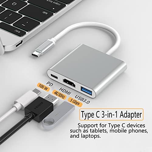 Adaptador USB C a HDMI 3 em 1, cubo tipo C para HDMI 4K Output USB 3.0 Porta e porta de carregamento USB-C 100W, compatíveis