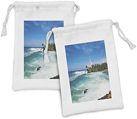 Conjunto de bolsas de tecido de farol de Ambesonne de 2, palmeiras das ilhas tropicais rochas ondas de praia ondulada, pequeno saco de cordão para máscaras e favores de produtos de higiene pessoal, 9 x 6, verde branco azul
