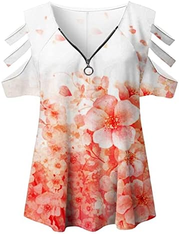 Fora do ombro Top Womens Fall Summer Sanve Cotton Cotton Deep V pescoço zíper Up Floral Graphic Top Tee para Senhoras JC