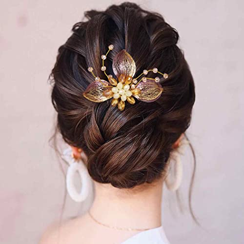 Campsis Flower Hair Pins para casamento Glod Crystal Bride Hair Piece Floral Levf Rhinestones Acessórios para o cabelo