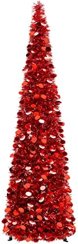 Yuqi 5ft Tree vermelha de Natal dobrável com 50 luzes coloridas, pop -up Red Artificial Artificial Tinsu