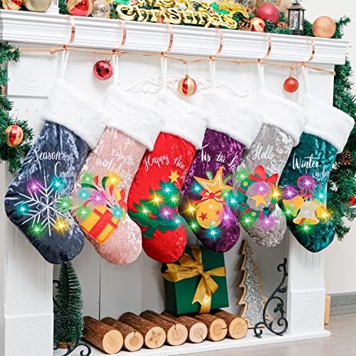 Meias de Natal com luz LED, bateria CR2032 incluída, colorida árvore bordada sell snowflake fruit girland aplique