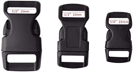 Jiakai 60 PCs -5/8, 1/2 e 3/8 polegadas de fivelas de liberação lateral de plástico preto de plástico para pulseiras Paracord