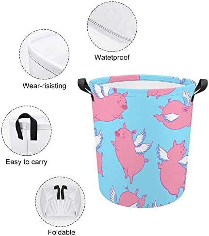 Bolsa de lavanderia de porquinho voadora engraçada com alças cesto de armazenamento à prova d'água redonda dobrável 16,5 x 17,3