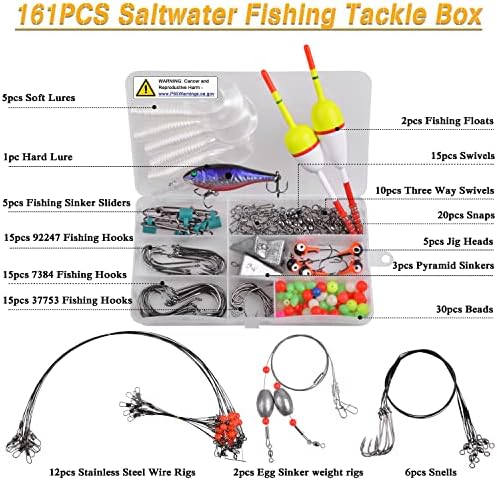 Kit de caixa de equipamento de pesca de água salgada, acessórios de engrenagem de pesca de surf de 161pcs Conjunto de