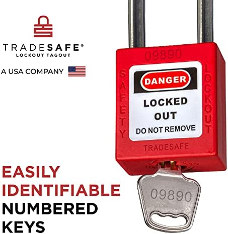 Conjuntos de bloqueio de etiqueta de bloqueio do TradeSafe, 10 caderlos de segurança em tecidos vermelhos, 2 chaves por bloqueio,
