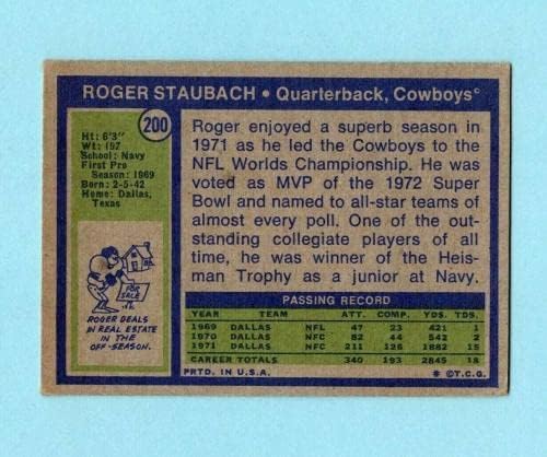 1972 Topps #200 Roger Staubach Dallas Cowboys Cartão de futebol de futebol VG/Ex - Cartões de futebol não assinados