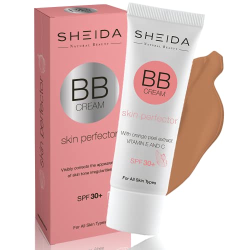 Sheida BB Cream 50 ml, SPF 30 UVA+UVB Perfeito de pele protegida, creme BB não químico e protetor solar mineral, extrato