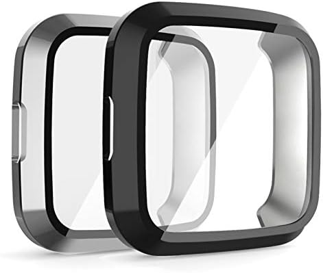 Protetor de tela OENFOTO Compatível com Fitbit Versa Lite com tampa da caixa de vidro temperado HD, [2 pacote] [à prova d'água diária] [cobertura total 3D] Proteção da concha para Fitbit Versa Lite Smartwatch