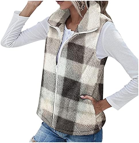 Cardigã sem mangas para mulheres difusas de jaqueta de lã Sherpa colete leve colistor aconchegante com zíper com bolso