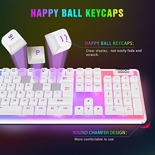 Teclado K10 Gaming, Caso transparente RGB Teclado de retroiluminação com PBT Ball Keycap, teclado branco com fio ergonômico com sensação