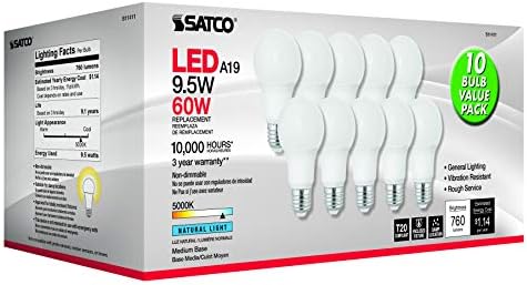 SATCO S11411 9,5 WATT A19 Lâmpadas LED, substituição de 60 watts, luz natural de 5000k, 760 lúmens, 10 pacote