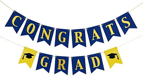 Parabéns Banner de graduação Blue e Gold Parabéns Banner de graduação, parabéns Decorações de sinal de graduação Parabéns Banner