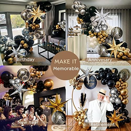 Kit de arco de guirlanda de balão prateado preto e dourado 135pcs com balões de ágata Starburst 4D para o aniversário 2023 Decorações