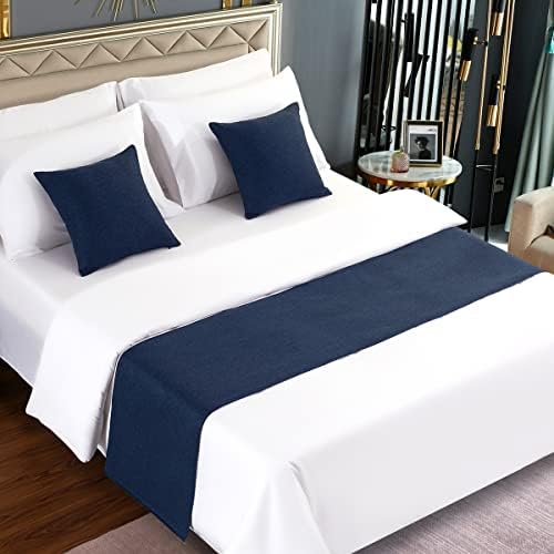 Amberis Bed Runner Blue escuro, imitação de cânhamo de cânhamo de cama decorativa para hotel em casa