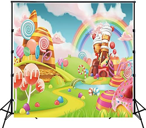 Riyidecor Candyland Lollipop Rainbow Castle Photo Penas de fundo desenho animado Crianças coloridas coloridas de 8x8 pés de