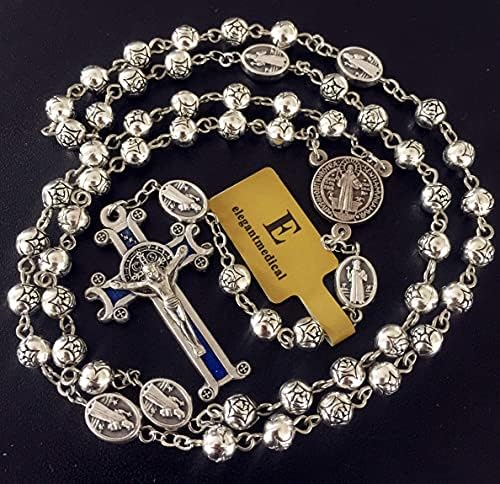 ELEGANTMEDical Handmade Silver Rose Contas Catholic Saint St Benedict Rosary Blue Cross Colar & Nice Metal Jewellery Box
