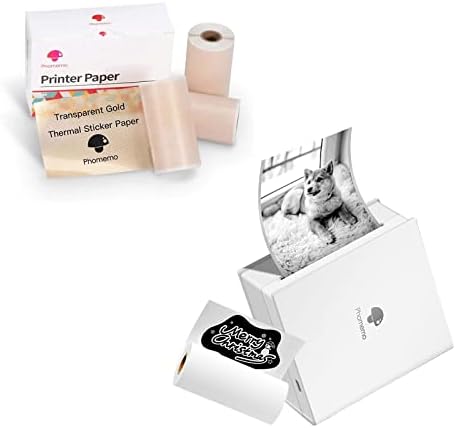MemoQueen M02 Mini Pocket Sticker Impressora com 3 rolos de etiquetas térmicas de ouro transparentes, impressora Bluetooth para
