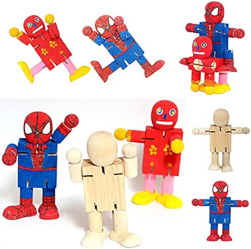 Akoak 3 PCs divertidos e flexíveis robôs de madeira naturais brinquedos infantis, fantoches de madeira diy inacabados, desenho infantil,