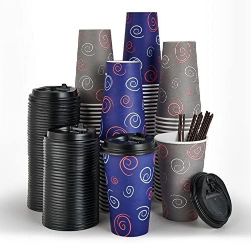 TV TopValue [100 pacote de 16 onças de papel xícaras de café, xícaras de café descartáveis ​​com tampas e agitadores, xícaras
