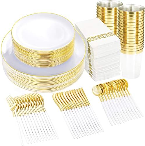 Supernal 350pcs Gold Plastic Dinnerware Conjunto, talheres de plástico dourado com alça branca, placas de plástico