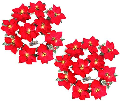 2PCs Poinsettia Christmas Decorations Lights Garland com frutas vermelhas folhas de azevinho de 13 pés - 2 aa operado