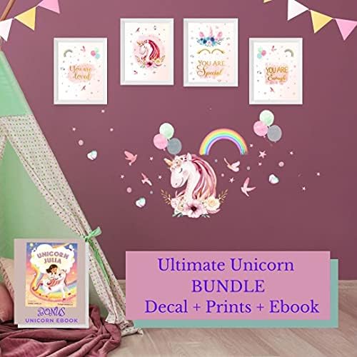 Jenn e Joos Unicorn Princess Pink Canopy e 3 lençóis decalques de parede unicórnio para garotas pacote de quarto