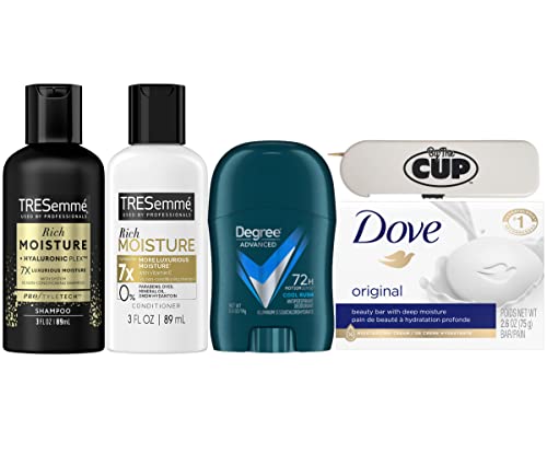 O pacote de viagens corporais inclui: shampoo e condicionador, sabão pomba, antiperspirante de graduação com o dispensador de palito