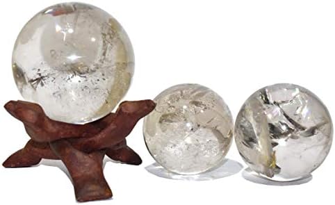 CEALINGS4U Esfera Smokey Quartz Tamanho 2,5-3 polegadas e uma esfera de bola de cristal natural de bola de madeira Vastu Reiki