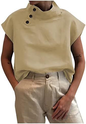 Mulheres de verão PLUS PLUSSO TAMANHO DE Linho de algodão Tshirts casual Fit Fit Trendy Buttons Blusa Casual Casual Manga Camiseta