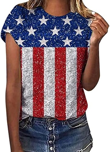 Camisetas Burnout Camisetas Mulheres Independência Dia Impressão Casual Mangas curtas Crepura de algodão do pescoço T para mulheres