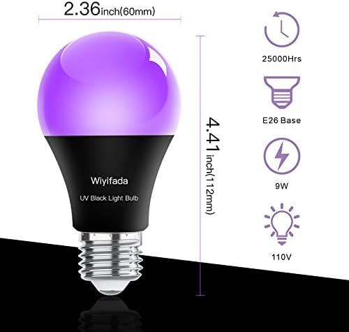 Wiyifada LED Black Lighbs 6 pacote, lâmpada A19 10W Blacklight Substitua até 100W, 110V E26 Base Luz negra Black UVA Nível