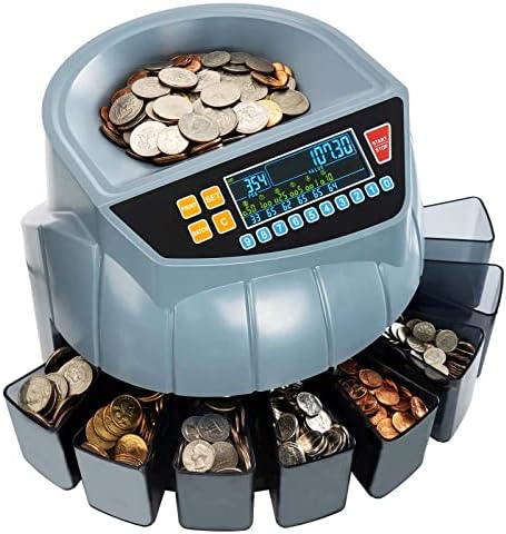 Máquina de contador de moedas munbyn, máquina de classificação de moedas, 1 ¢, 5 ¢, 10 ¢, 25 ¢, 50 ¢ e dólar, 250 moedas/min,