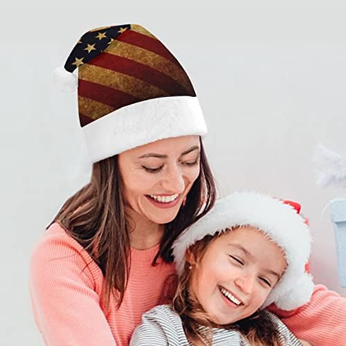 Bandeira vintage dos EUA, chapéu de natal de pelúcia, safada e bonitos chapéus de Papai Noel com borda de pelúcia e decoração