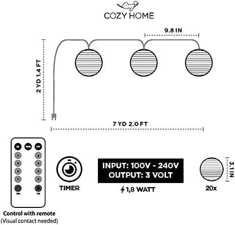 Cozyhome - 23 ft Mini Lantern String Lights Plug -in + Remote | lanternas de papel de nylon pendurado decorativas