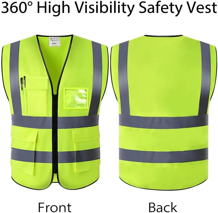 Colete de segurança refletivo de alta visibilidade da NRGready com 6 bolsos e zíper, colete de segurança para homens/mulheres