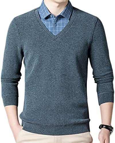 Masculino, com suéter de costura de 2 peças, lã grossa de inverno v pescoço de mato de manga longa abaixe as camisetas