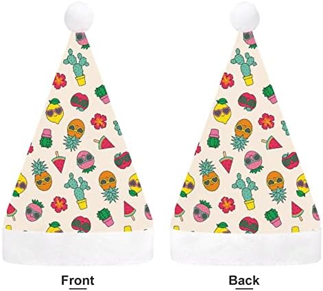 Frutas tropicais e Cactus luxuoso chapéu de Natal travesso e bonitos chapéus de Papai Noel com borda de pelúcia e decoração de natal