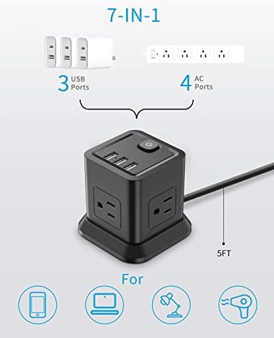 Faixa de energia com USB, FDTEK Flat Plug Extension Cord com 4 AC e 3 USB, estação de carregamento do cabo de alimentação