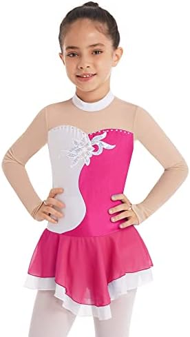 Kvysinly Kids Girls Figura Roller Vestido de patinação de gelo de manga longa colezinha coleia de bailarina bailarina bailarina de dança