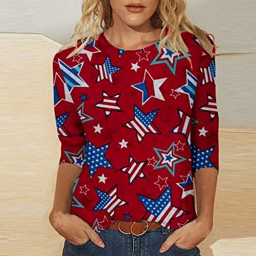 Camiseta patriótica feminina casual 3/4 mangas redondo tops de pulôver de pescoço 4 de julho estrelas listras tees de