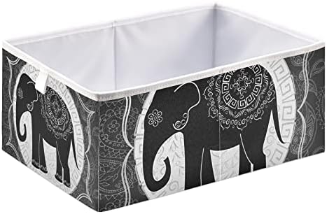 Elefante indiano étnico tribal poeticcity com banda de cesta de armazenamento quadrado branco preto de mandalas, caixa de armazenamento