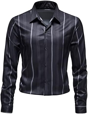 Camisas masculinas Camisas casuais listras de lapela camisa de manga comprida botão de manga para baixo, blusa de ajuste regular