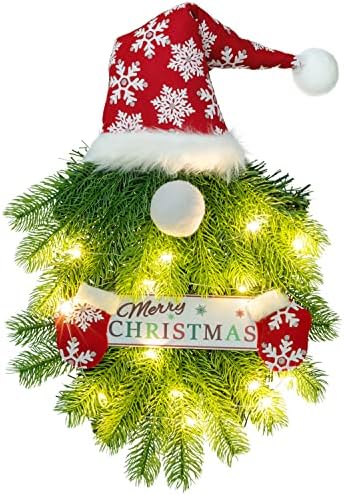 Grinalda de Natal para a porta da frente, grinalda de Natal gnome com luzes, grinalda de natal de abeto de pinheiro artificial,
