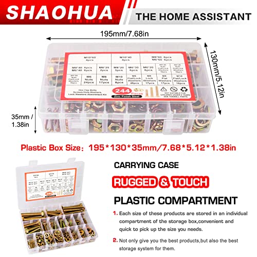 Shaohua 244pcs M3/M4/M5/M6/M8/M10 parafusos da cabeça dos parafusos e porca de parafusos, parafusos Kit de sortimento de